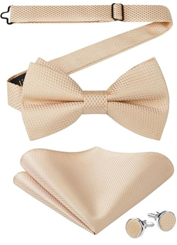 Enlision Pajarita para Hombre Beige Pajaritas Preatada y Pañuelo Liso con Gemelos para el Banquete de Boda