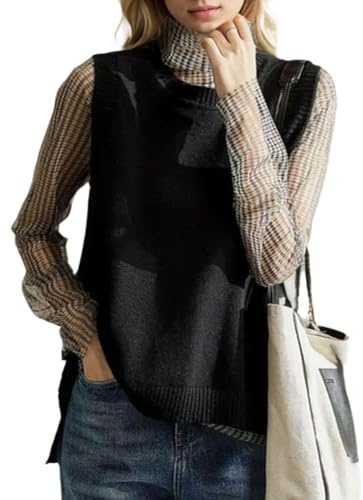 Women's Cable Knit Sleeveless Vest, Ladies Tank Top Chunky Side Buttons Sweaters with Round Neck, Pull Over Soft Casual Stylish Vintage Knitwear, Black, One Size