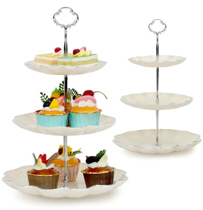 Tårtställ – 3 våningar, cupcake-stativ, kartong, runt serveringstorn, dessertstativ för bröllop, födelsedagsfest, heminredning, 2-delade tårttallrikar av plast med spets, dessertfrukttallrik