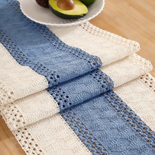 Camino de Mesa Moderno Blanco 30 x 183 Bohemio Lavable Rusticos Rústico Algodón y Lino Azul Petróleo Macramé Centro de Mesa Decorativo Salon para Bodas Fiestas Cocina y Postres