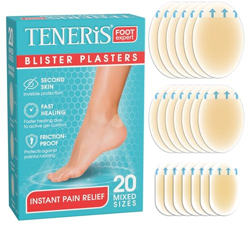 Teneris, 20 Hydrocolloid Blister Plasters – Instant Pain Relief, Waterproof & Invisible, Fast Healing, Friction-Proof – Thin & Flexible Blister Pads for Feet, Heels & Toes – 3 Mixed Sizes (20 Pack)