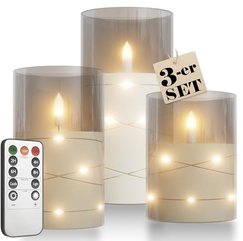 YRHome Set di 3 candele a LED con catena luminosa senza fiamma, con telecomando, con funzione timer, candele elettriche, fiamma tremolante, per decorazione da tavolo, bagno, soggiorno, decorazione