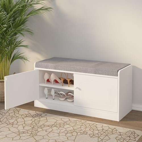 Organizedlife Panca per scarpe con seduta imbottita, 4 scomparti aperti, scomparto sotto cuscino, scarpiera per soggiorno, bianco