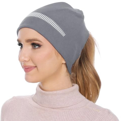 GADIEMKENSD Gorro de Correr de Invierno de Forro Polar para Mujeres Gorro cálido con Agujero para Cola de Caballo elástico Reflectante Grueso para Clima frío esquí Snowboard Ciclismo Gris Claro