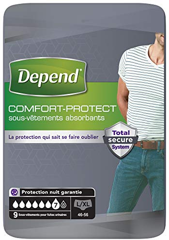 Depend Comfort-Protect Sous-Vêtements Homme (7 Gouttes) Taille L/XL pour Fuites Urinaires et Incontinence x54 (6 Paquets de 9 Sous-Vêtements)