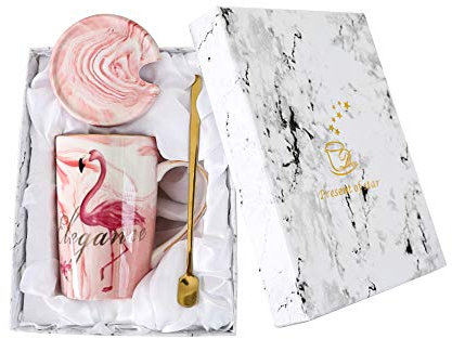 Watenkliy Mark Cup Flamingo Taza de café de porcelana con tapa y cuchara como regalo, 400 ml, caja de regalo rosa