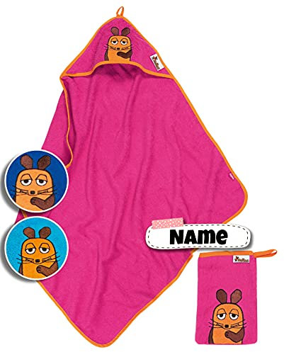 DIE Maus Baby Kapuzenhandtuch Set mit Waschlappen | Baby Handtuch Kapuzenbadetuch | personalisiert mit Name | Baby Badetuch Bestickt mit Namen | Jungen Mädchen (Pinke Maus)