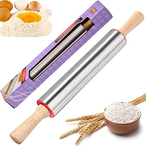 Rodillo Amasar Acero Inoxidable, Rodillo de Cocina para amasar con Mango de Madera, Rodillo de Amasar de Acero para amasar Fino, Rodillo para repostería o pastelería