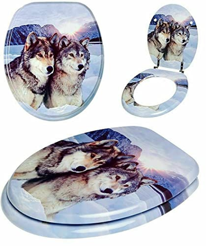 Optimal Products MDF Toilet Seat Novelty Design Stainless Steel Hinges All Printed Loo Seats All Printed ON 3 Sides (Wolf Design)