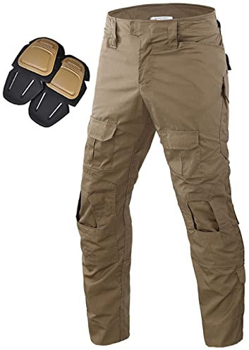 Uugood Militär Hose, Taktische Hose Herren G3 Camouflage Ripstop Combat Hose mit Knieschoner Multicam Cargo Hose für Outdoor Aktivitäten Paintball Jagd Airsoft (Khaki, L)