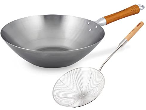 Ken Hom Wok Set 31 cm aus Karbonstahl unbeschichtet mit Holz-Griff inklusive Schaumlöffel - ohne Induktion