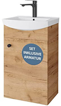 Planetmöbel Badmöbel Set Waschtisch mit Unterschrank 45 x 60 x 33 cm mit Waschtischarmatur schwarz für Badezimmer, Gäste WC & Bad, Gold Eiche