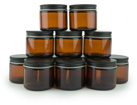 Nature Packaged Glass Amber 2oz Jar - 12 Packs, Empty Round Jars For Beauty Products, Lotion, and Powders - Black Lid - Small Candle Jars