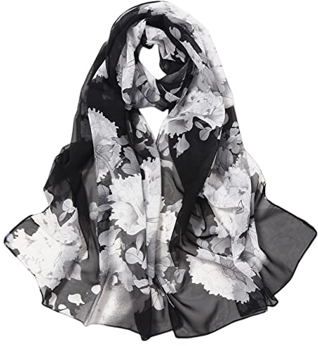 FAIRYGATE Flower Scarf Chiffon Scarfs for Women Ladies Scarves Lightweight Soft Floral Print Shawls Wraps for Spring Autumn Black A4509