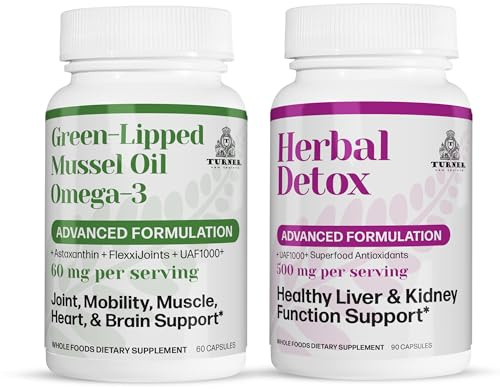 TURNER New Zealand Omega-3 Green Lipped Mussel Oil, 53x Higher Potency for Superior Joint Comfort & Mobility, No Fishy Aftertaste, 1 Bottle, 60 Softgels Plus 1 Bottle of Herbal Detox