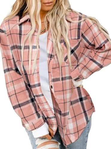 Asiertiy Chemise en Flanelle à Carreaux de Buffle à Manches Longues et col boutonné pour Femme (S-2XL), Rose/Plaid, Taille XL