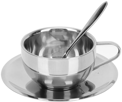 HOMSFOU Kaffeetasse Set Aus Edelstahl Mit Untertasse Und Löffel Rostfreies Metall Geschirr Für Kaffee Tee Und Heißgetränke Ideal Für Zuhause Büro Und Café 5.12 Zoll