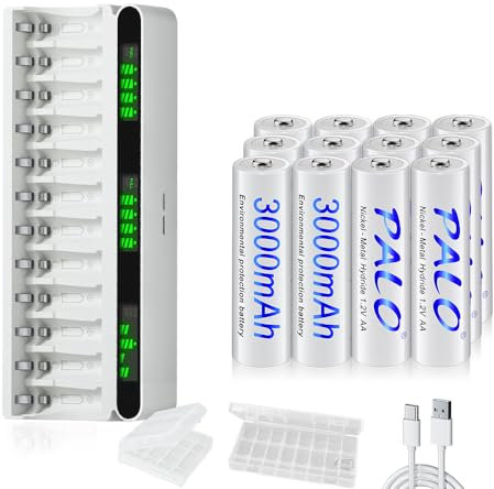 Mspalocell Pack de 12 Pilas AA 3000 mAh con Cargador, USB Type-C 5v2A Pantalla LCD Cargador rápido con 12 Ranuras para Pilas Recargables NiMH 1,2 V AA AAA
