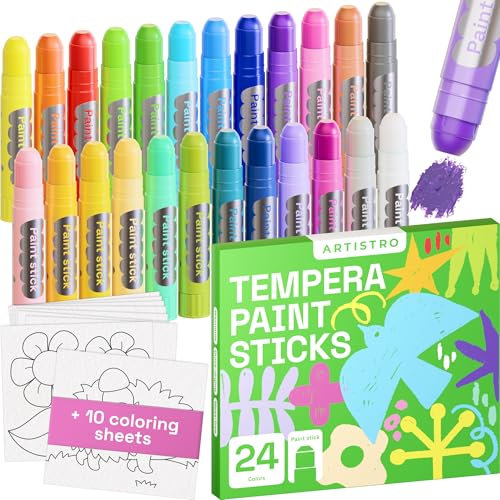 ARTISTRO 100% Washable Tempera Paint Sticks for Kids - 24 Non-toxic Paint Markers for Kids - Color Sticks with Twist Design, Coloring Pages Included