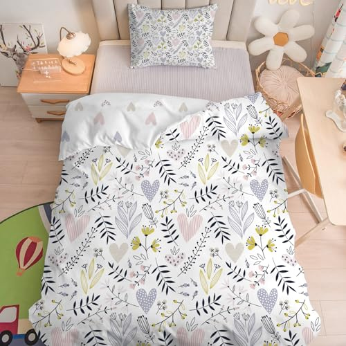 Linfye Parure de lit pour Enfant et BéBé Floral Blanc Housse de Couette 100x135 cm Bebe et Taie d'oreiller 40x60 cm, Plante Violette Réversible Ensemble de Literie Linge de Lit pour Tout-Petits