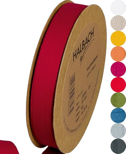 Halbach Sidenband bomullsband | 20 mm x 20 m | vävband 100% bomull | Band för pyssel som metervara | tygband för dekorationer, gör-det-själv-hantverk, snedband sömnadsarbeten, färg: vinröd