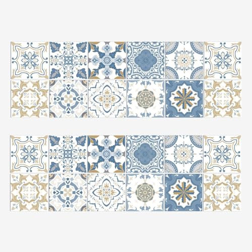 Dinghaole 24 Stück blaue viktorianische Vintage Fliesenaufkleber Selbstklebende Wandfliesen Küche Badezimmer Wandkunst Selbstklebende wasserdichte Vintage Aufkleber