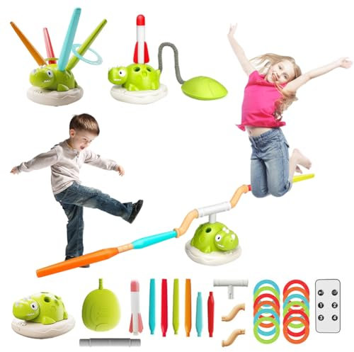 3 in 1 Outdoor Spielzeug für Kinder - Seilspringmaschine Kinder, Ringwurfspiel für 3+ Jahre, Schaumraketen Launcher,Sport & Outdoor Spielzeug mit Musik, Fernsteuerung für 3+ Jahre(Kleiner Dinosaurier)
