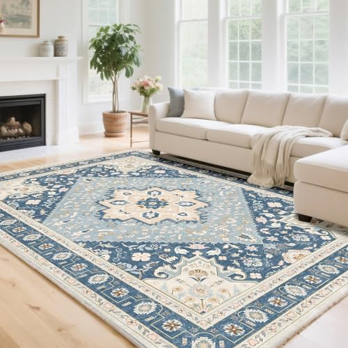 HiChiclife Tappeto da soggiorno blu 160 x 230 cm, antiscivolo e lavabile, stile orientale vintage, per sala da pranzo e corridoio, morbido e resistente
