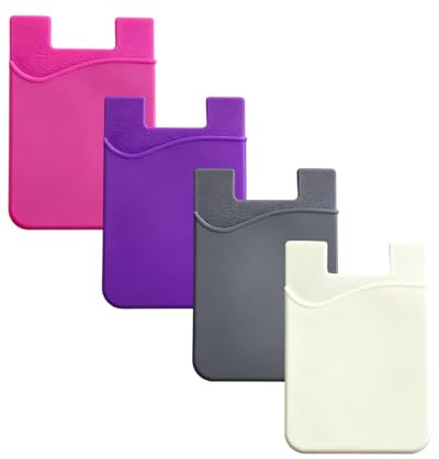 JUKOTA Lot de 4 porte-cartes pour smartphone, porte-cartes pour téléphone, porte-cartes de crédit autocollants en silicone (rose/violet/gris/blanc). Dimensions : 8,5 x 5,5 cm