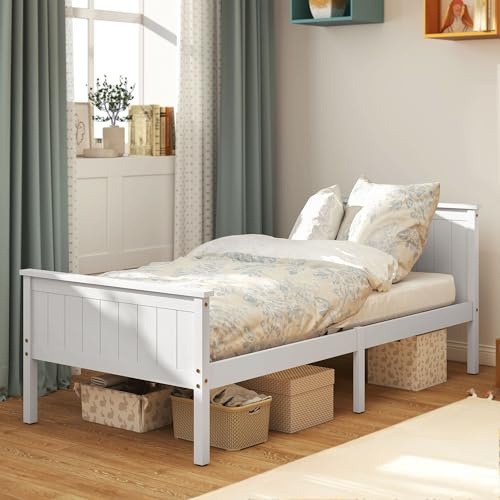 HOMCOM Cadre de lit 90 x 200 cm, lit Simple en Bois Massif avec sommier à Lattes, tête et Pied Inclus, 29 cm de Hauteur avec Rangement au-Dessous, sans Bruit, Assemblage Facile, Blanc