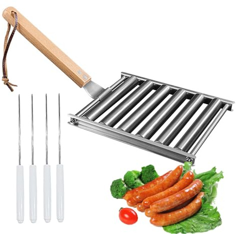 Welhammsae Rouleau à Hot-Dogs pour Gril, Support à Saucisses en Acier Inoxydable avec Manche en Bois, Cuisson Uniforme des Hot-Dogs, 4 Brochettes Incluses, Capacité de 5 Hot-Dogs, Moyen