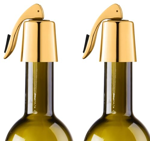Vinflaskförslutare 2 delar, flasklock i rostfritt stål förbättrad veck, läckagesäker, återanvändbar häl vin, färskt, presentidé för vinälskare (guld)