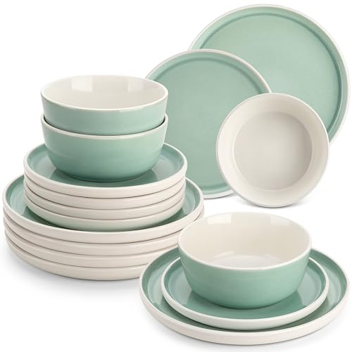 vancasso ELBA 18 Piece Dinner Set for 6, Durable Stoneware Plates and Bowls for Everyday Meals, Green Reactive Glaze Set with Dinner Plates, Dessert Plates & Cereal Bowls, Microwave & Dishwasher Safe