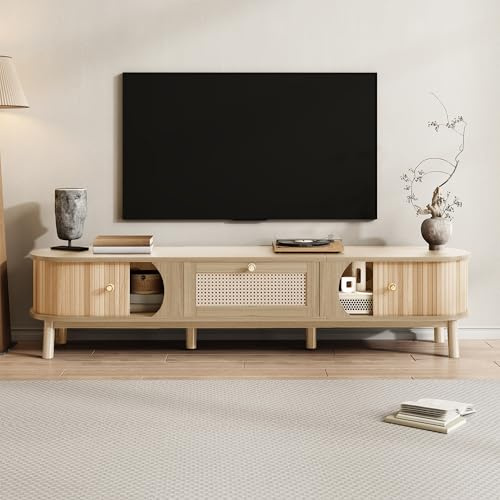 Jaxenor 170cm TV Cabinet with 2 Rattan Drawers, TV Stand Cabinet with 2 Slide Wood Doors, Modern Entertainment Unit for Living Room, Ideal for TVs up to 75 Inches, Natural