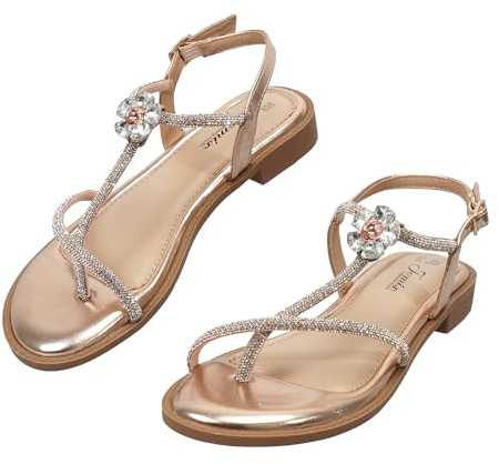 JOMIX Sandalias de Mujer con Strass, Hebilla Regulable, Tacón Bajo Cuadrado, Zapatillas Elegantes de Verano, Cómodas para Uso Diario y Vacaciones WFF260244 (Champán, 39)