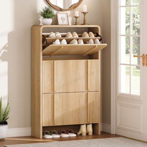 LUXOAK 120cm Shoe Cabinet, 3 Flip Doors, Adjustable Shelves, Wood