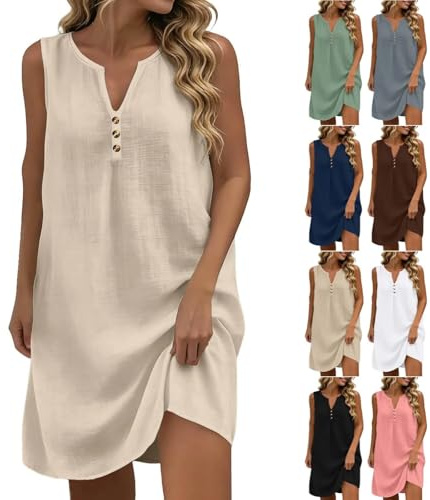 Robe Coton Lin 3XL sans Manches Chemise Robe Tunique Sexy Casuel Couleur Unie Robes avec Boutons Col V Robes De Plage pour Fête Vacances Casual Gris Dress Cérémonie la Maison Travail Campus Chambre