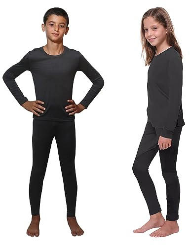Kids Thermal Underwear Skins Set Long Sleeve Top Vest and Long Johns Leggings, Boys Girls Base Layer, Football, Sports, Ski Black