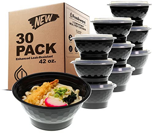 Freshware Meal Prep Containers with Lids [30 Pack] Plastic Bowls for Soup and Salad, Food Storage Bento Box, BPA Free, Stackable, Lunch Boxes, Microwave/Dishwasher/Freezer Safe (42 oz)