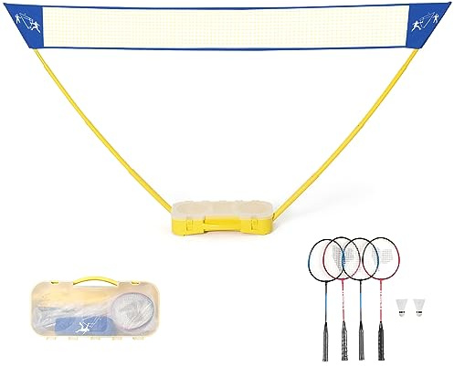 COSTWAY Set Rete da Badminton Portatile, con 4 Racchette e 2 Volani, Rete da Tennis Pallavolo 3 x 1,5m, Montaggio Facile, Set Completo per Spiaggia Parco Cortile