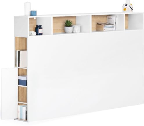 IDMarket - Kopfteil auf Fuß Cleo 165 cm mit geschlossenem Stauraum und Nischen weiß und Buchenholzoptik
