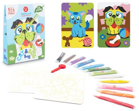 Sabbiarelli – Bag Cat&Dog | Mini Sand Art-kit med hund och katt | Innehåller självhäftande motiv, färgad sand och lyftverktyg | 100% Made in Italy | kreativt pyssel | barn 5-12 år