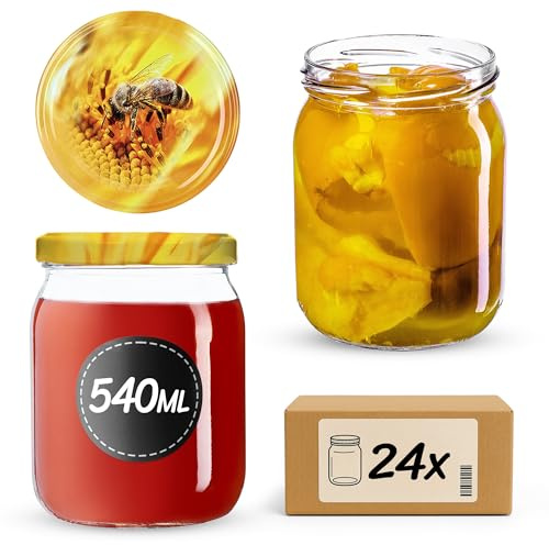 KADAX Syltburkar 540 ml, konserveringsburkar med skruvlock, glas med skruvlock, konserveringsburkar, förvaringsburkar för insättning av gurkor (24 stycken, bin)