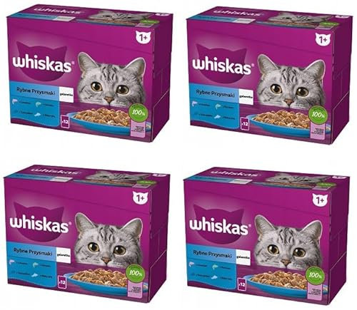 Whiskas Adult 1+ Katzennassfutter Fisch Auswahl in Gelee, 4x12x85g (48 Portionsbeuteln) – Hochwertiges Nassfutter für ausgewachsene Katzen