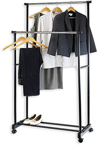 OHMG Kleiderständer, Höhe und Breite verstellbar, mit Rollen, mobiler Kleiderschrank mit 3 höhenverstellbaren Stangen und einer Ablagefläche