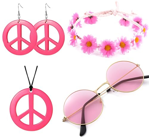 Hippie Costume Set,5 Pz Retrò Accessori Hippie Costume Bohemia Set Costume Anni '60 anni '70-Occhiali da Sole Collana con Segno di Pace Fascia Hippie-per Festa Spiaggia Viaggio Foto Regalo