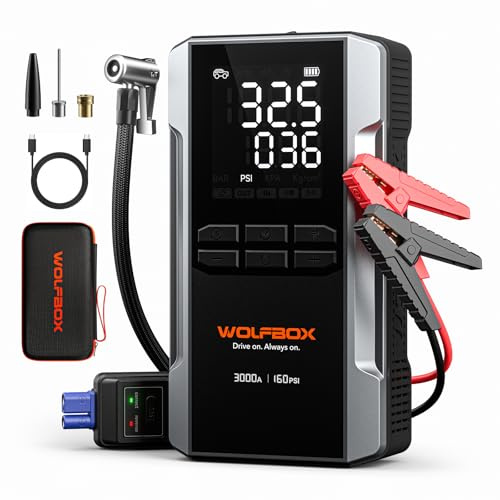 Arrancador de Baterias de Coche con Compresor de Aire, 3000A WOLFBOX Arrancador de Coche Portatil (8L Gas/10L Diesel) con Cargador Rápido 65W, Pantalla Grande y Linterna LED