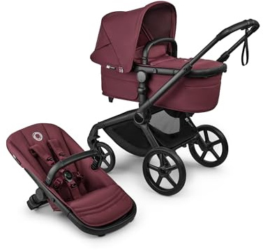 Bugaboo Fox 5 Renew All-Terrain Stroller, 2-in-1 Baby Pushchair, Full Suspension, Easy Fold, Extendable Toddler Seat, One-Handed Manoeuvrability, Black Chassis and Dark Cherry Canopy