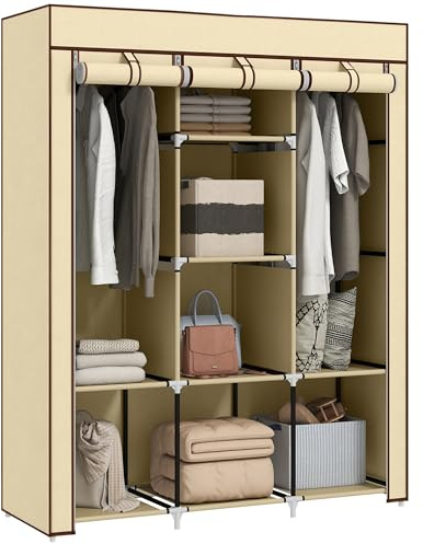HOMCOM Fabric Wardrobe, Portable Wardrobe, Clothes Storage Unit with 8 Shelves, 2 Hanging Rods, 125 x 43 x 162.5 cm, Beige