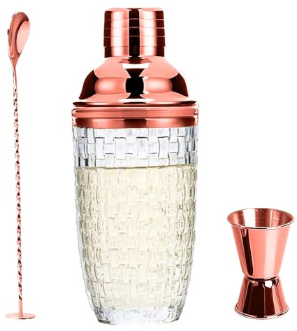 Shaker da Cocktail 400 ml, Set di shaker per cocktail in Acciaio inox e Vetro, Shaker con colino misurino e cucchiaio per casa, bar, vino, succhi di frutta misti, bevande (Oro Rosa)